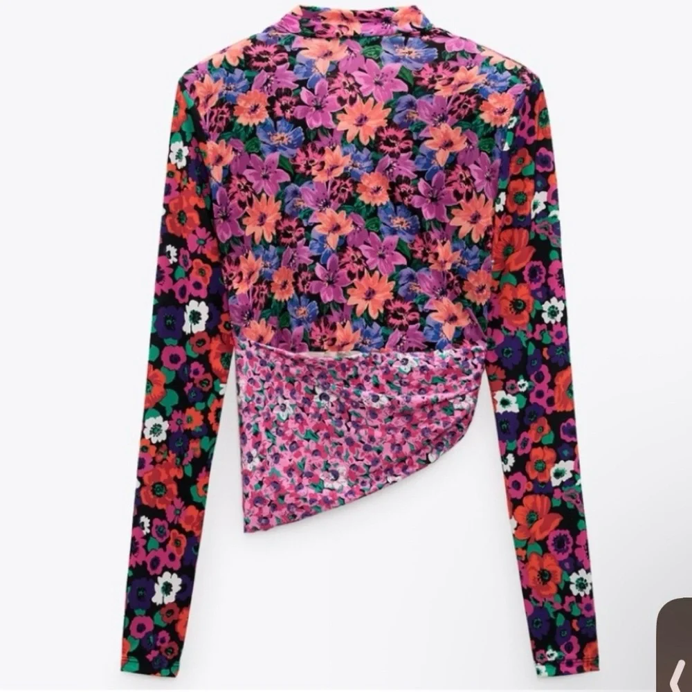 ZARA Floral Wrap Long Sleeve Shoulder Pad Top - Picture 9 of 15